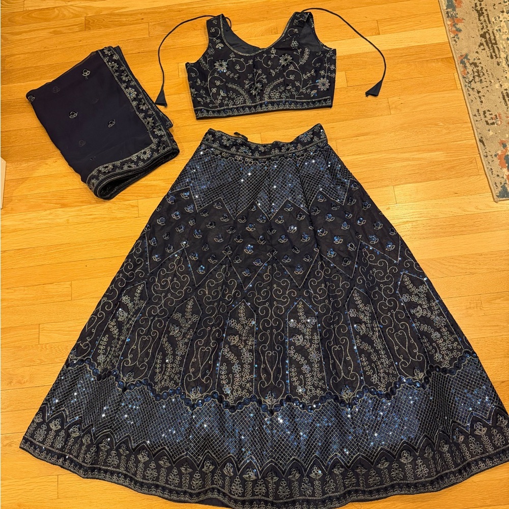 Elegant Navy Blue Embroidered Lehenga Set